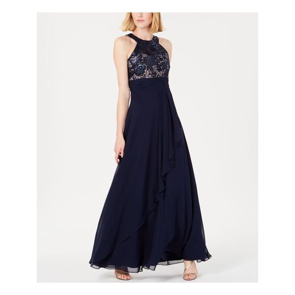 NWT CALVIN KLEIN Womens Navy Sleeveless Halter Maxi Formal Sheath Dress 4 - Picture 1 of 3
